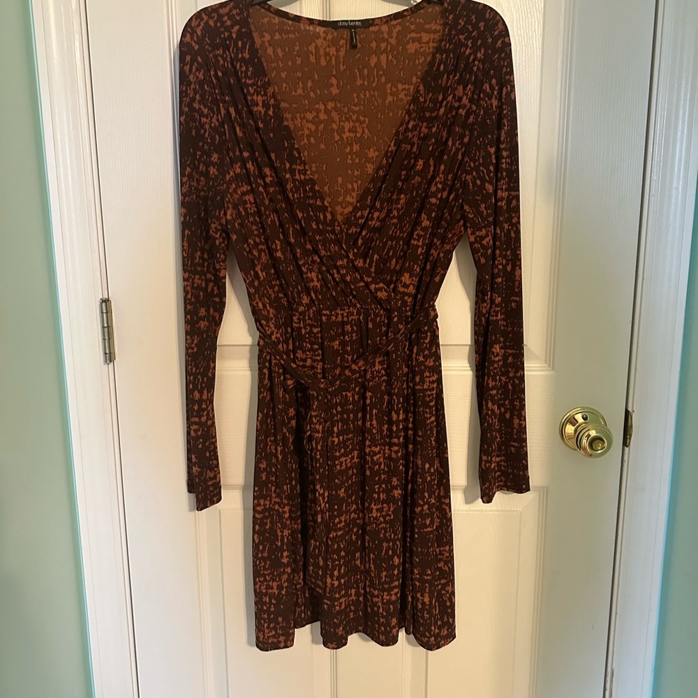Abstract Brown Faux Wrap Dress
